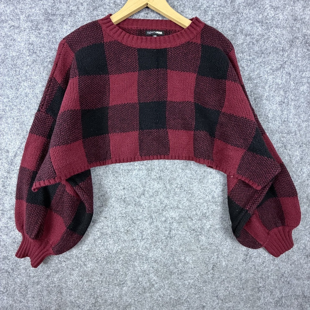 Fashion Nova Cropped Sweater Women's XS Burgundy Black Plaid Oversized‎ Boxy